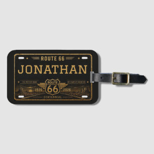 Personalised Route 66 License Plate Black Gold Luggage Tag