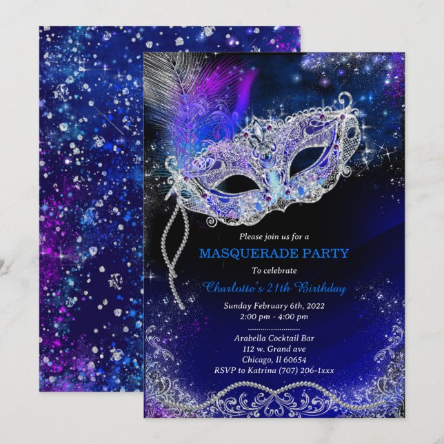 Personalised Royal Blue  Birthday Masquerade Invitation (Front/Back)