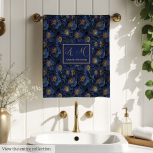 Personalised Royal Blue Towels Chic Gold Flower