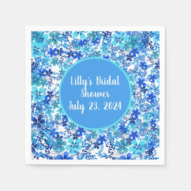 Personalised Royal Blue & Turquoise Garden Flower Napkin (Front)