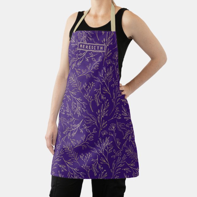 Personalised Royal Purple Gold Abstract Floral Apron (Insitu)