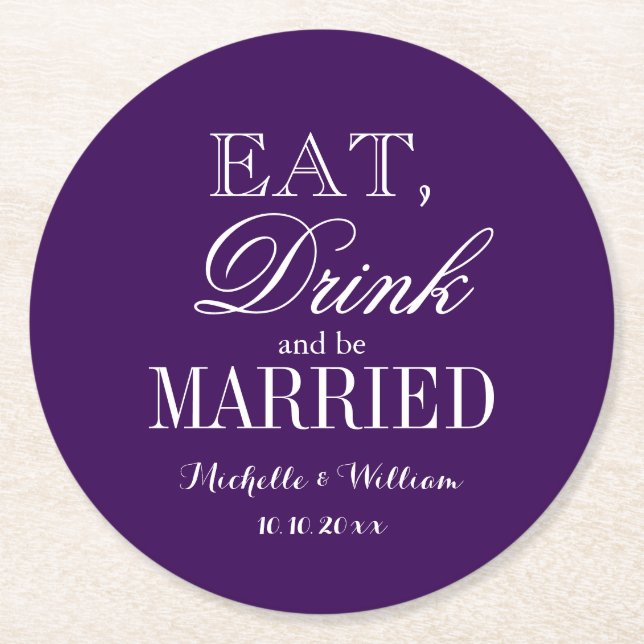 Personalised royal purple round wedding coasters (Front)