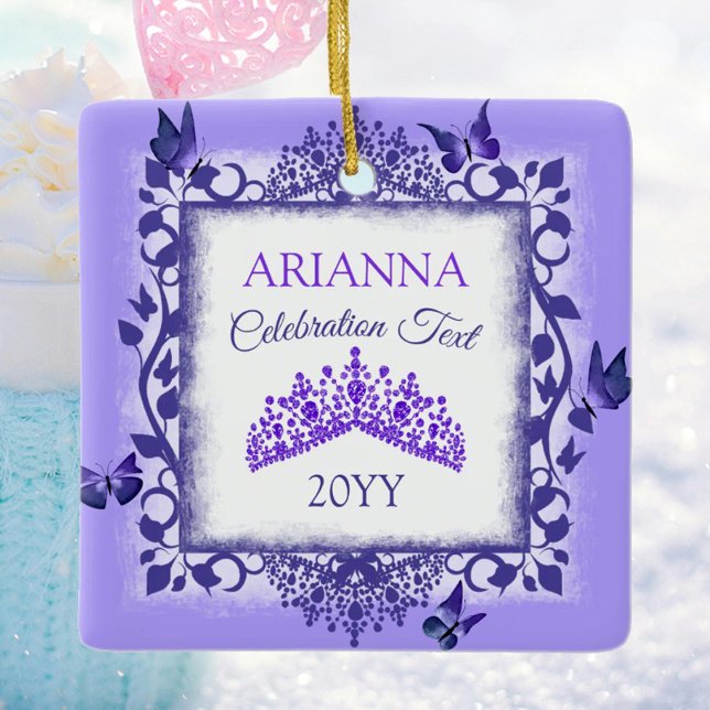Personalised Royal Purple Tiara & Butterflies Ceramic Ornament (personalized tree ornament with purple butterflies and tiara, congratulations, commemorative gift)