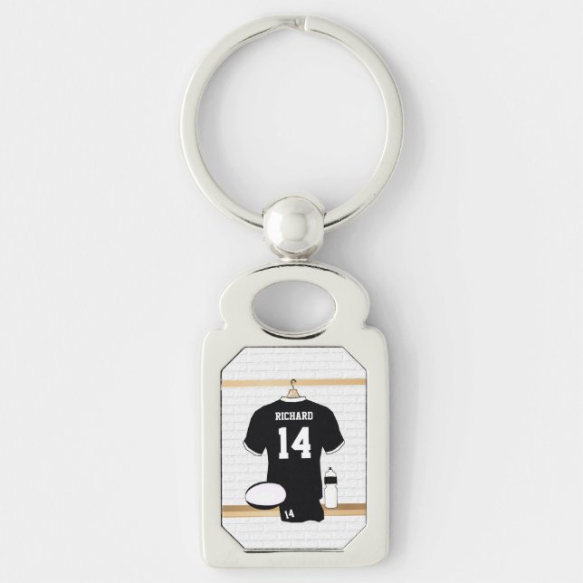 Personalised Rugby Jersey Black and White Key Ring (Front)