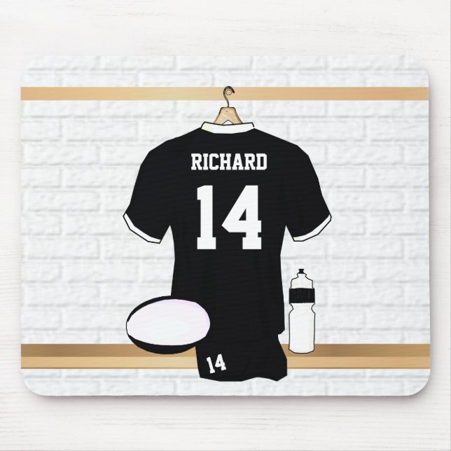 Personalised Rugby Jersey Black and White Mouse Mat (Front)