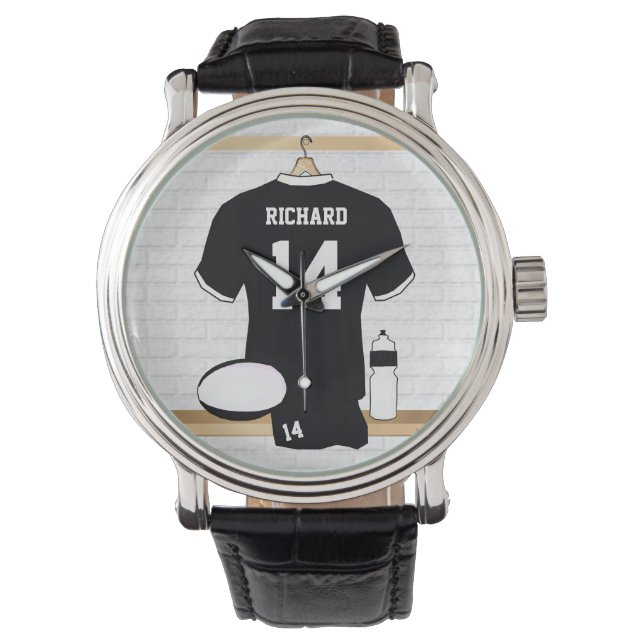Personalised Rugby Jersey Black and White Watch (Front)