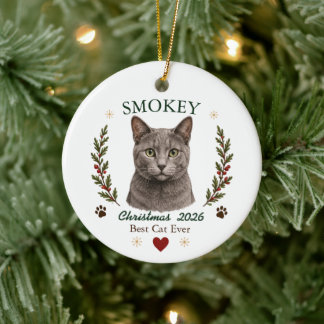 Personalised Russian Blue Cat Christmas Ceramic Tree Decoration