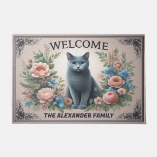 Personalised Russian blue Cat Floral Chic Welcome Doormat