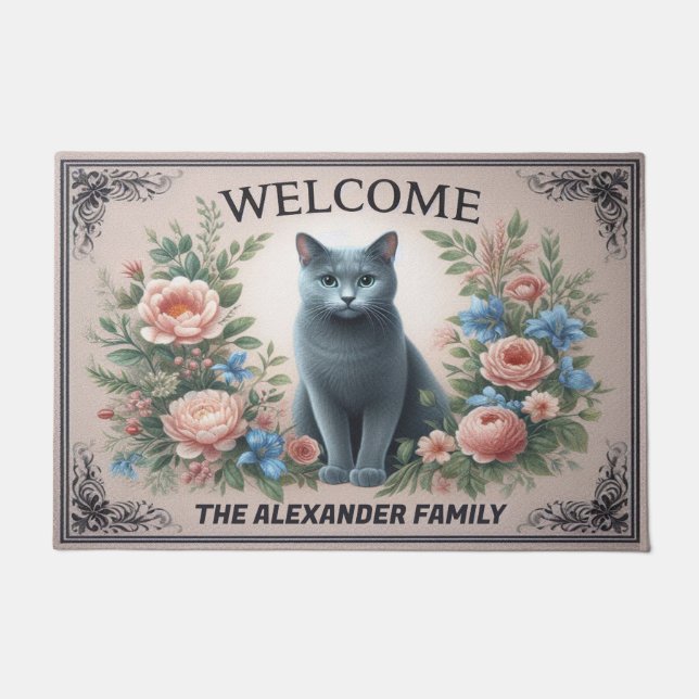 Personalised Russian blue Cat Floral Chic Welcome Doormat (Front)