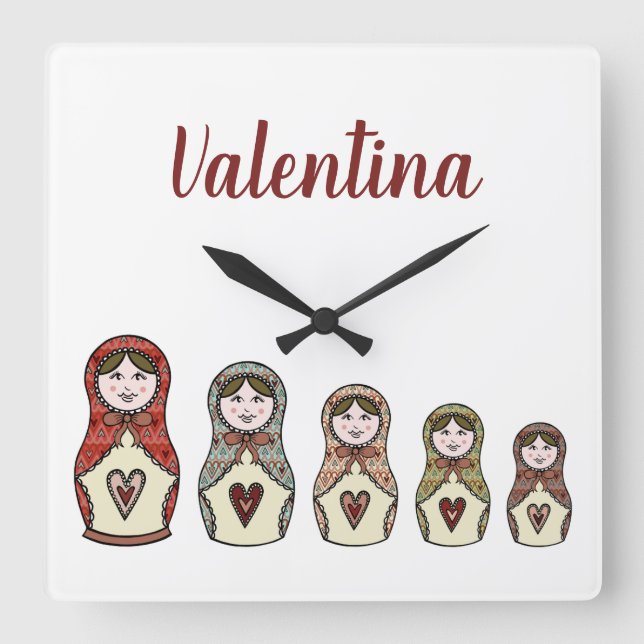 Personalised Russian Nesting Matryoshka Doll Square Wall Clock (Front)