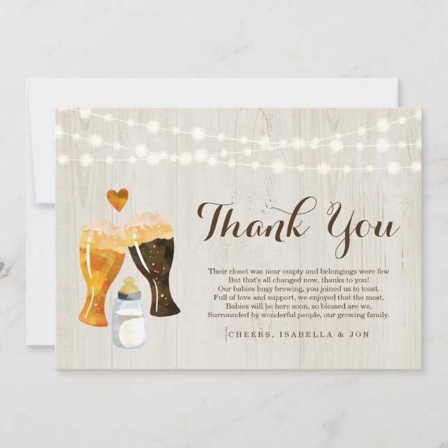 Personalised Rustic Baby Brewing Baby Shower Twins Thank You Card (Front)