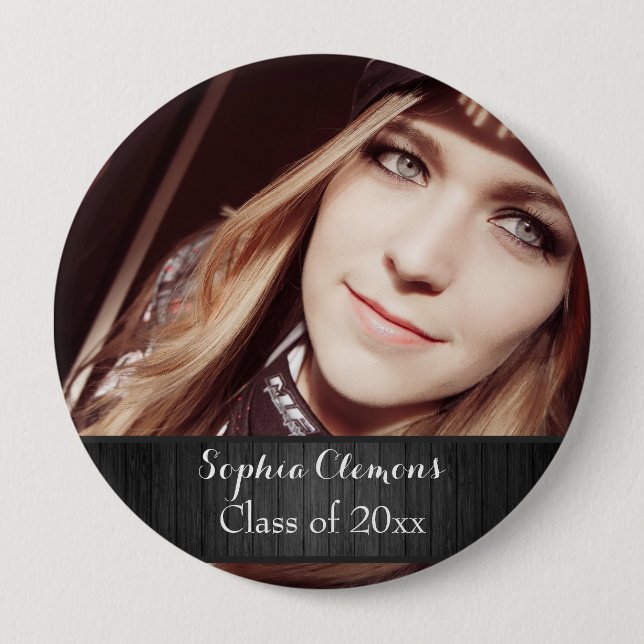 Personalised Rustic Black Wood Photo Grad Year 10 Cm Round Badge (Front)