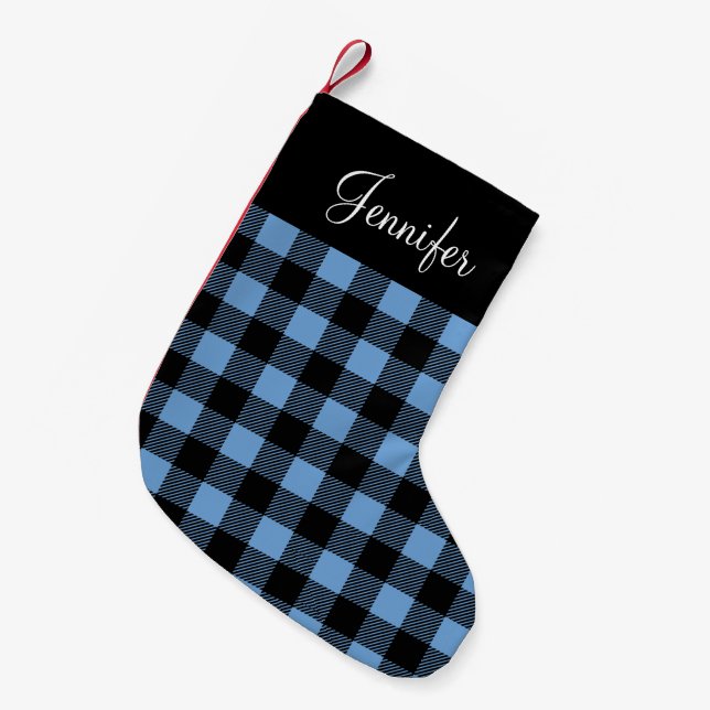 Personalised Rustic Blue Buffalo Plaid Small Christmas Stocking (Front (Hanging))