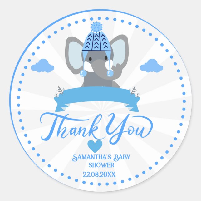 Personalised Rustic Blue Elephant  boy Baby Shower Classic Round Sticker (Front)