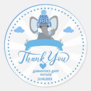 Personalised Rustic Blue Elephant  boy Baby Shower Classic Round Sticker