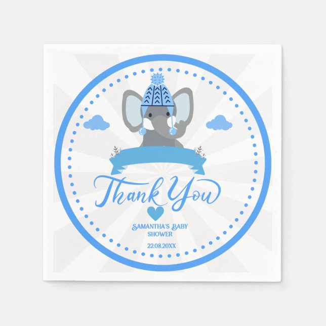 Personalised Rustic Blue Elephant  boy Baby Shower Napkin (Front)
