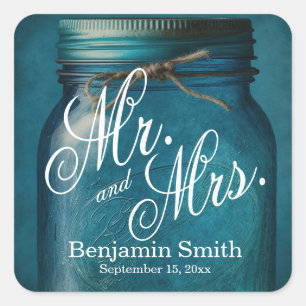 Personalised Rustic Blue Glass Mason Jar Wedding Square Sticker