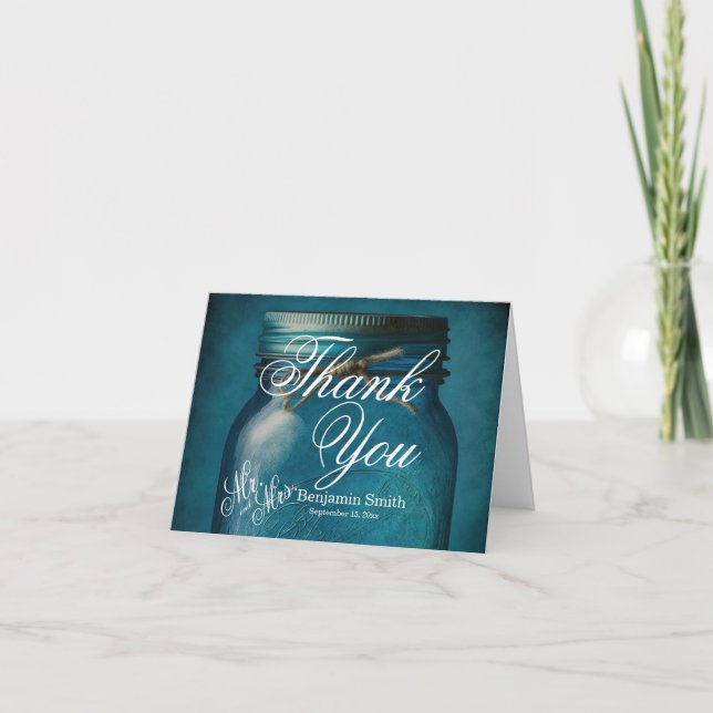 Personalised Rustic Blue Glass Mason Jar Wedding Thank You Card (Front)