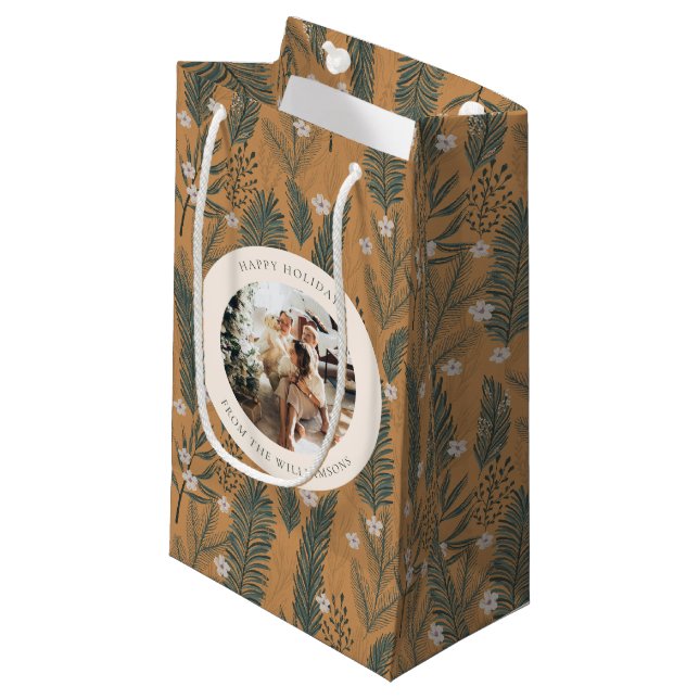 Personalised Rustic Botanical Nature Holiday Photo Small Gift Bag (Front Angled)