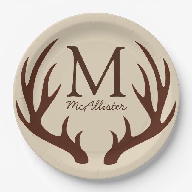 Personalised - Rustic Brown Deer Antlers Ecru Paper Plate (Front)