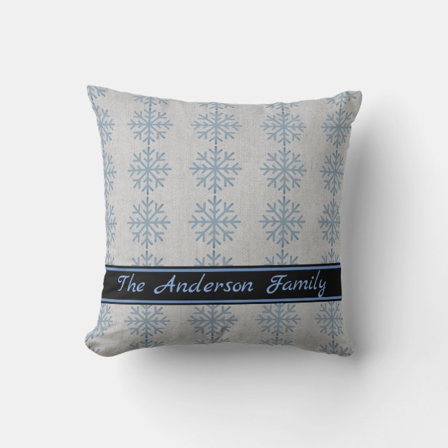 Personalised Rustic Burlap Blue Snowflake Pattern Cushion (Front)