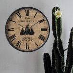 Personalised rustic burlap cabin trees clock<br><div class="desc">Personalised wall clock with burlap print and pine trees with the coordinates.</div>