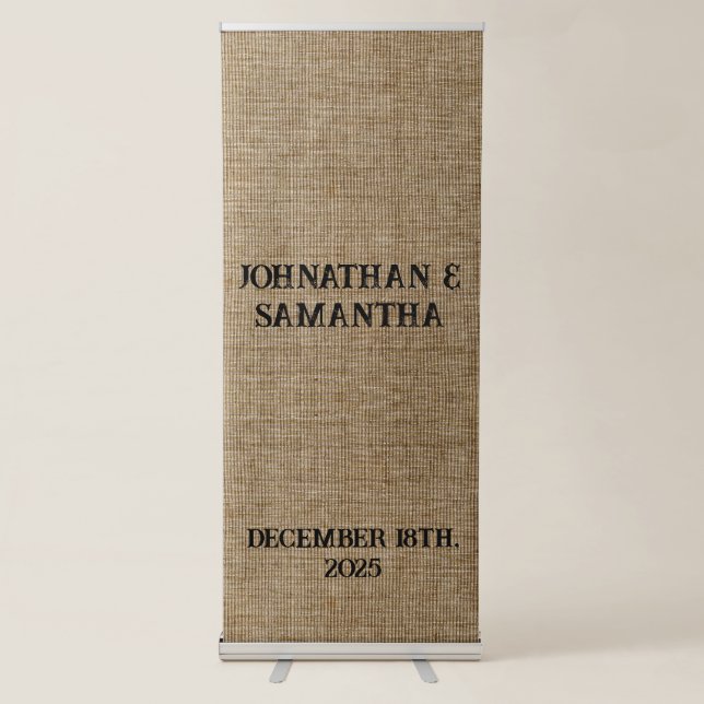 Personalised Rustic Burlap Wedding Retractable  Banner (Front)