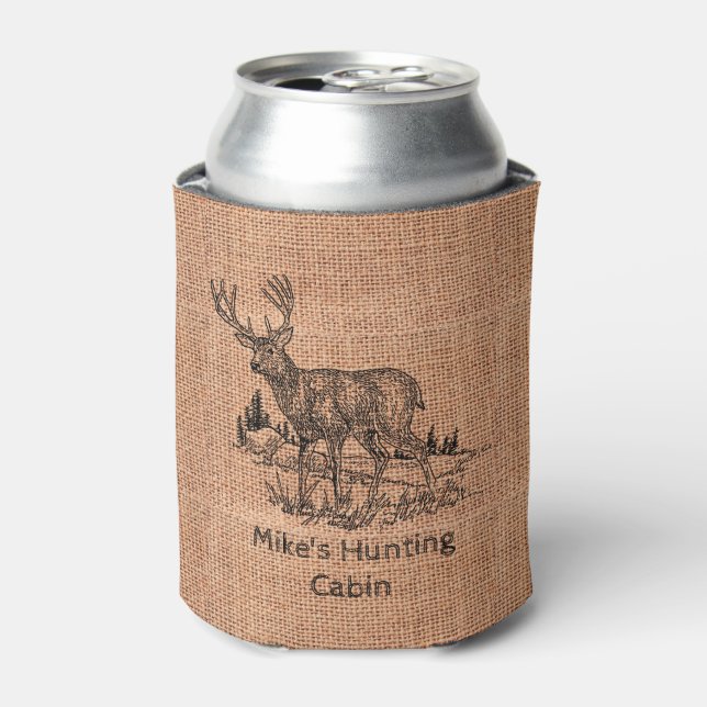 Personalised Rustic Burlap with Deer Illustration Can Cooler (Can Front)