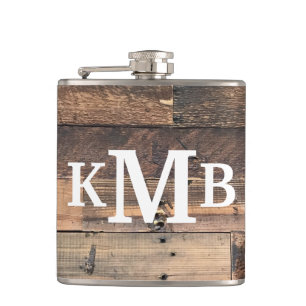 Personalised Rustic Chic Wood Classic Monogram Hip Flask