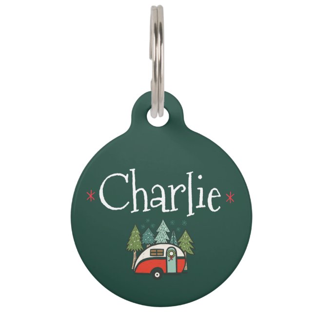 Personalised Rustic Christmas Camping Red & Green Pet Tag (Front)