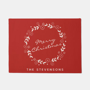 Personalised Rustic Christmas Wreath in Red  Doormat