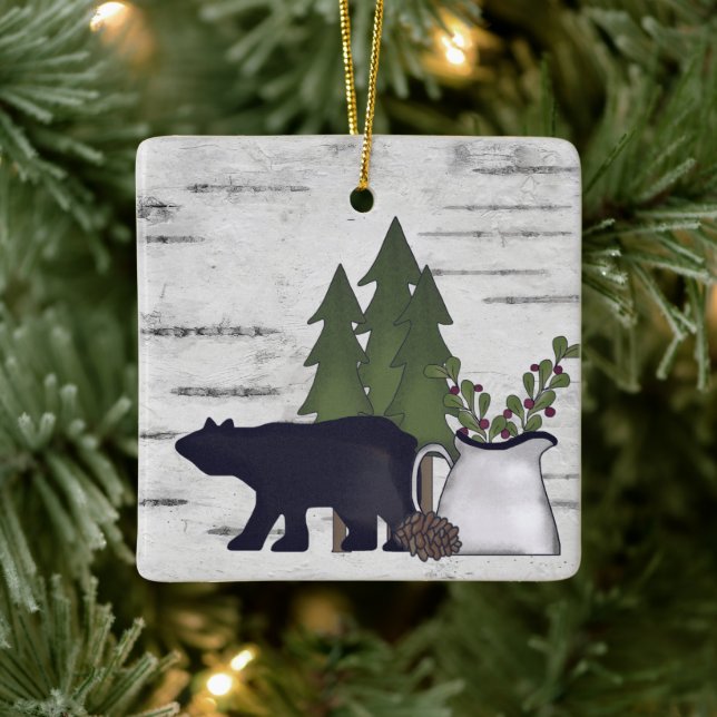 Personalised Rustic Country Bear Birch Christmas Ceramic Ornament (Tree)