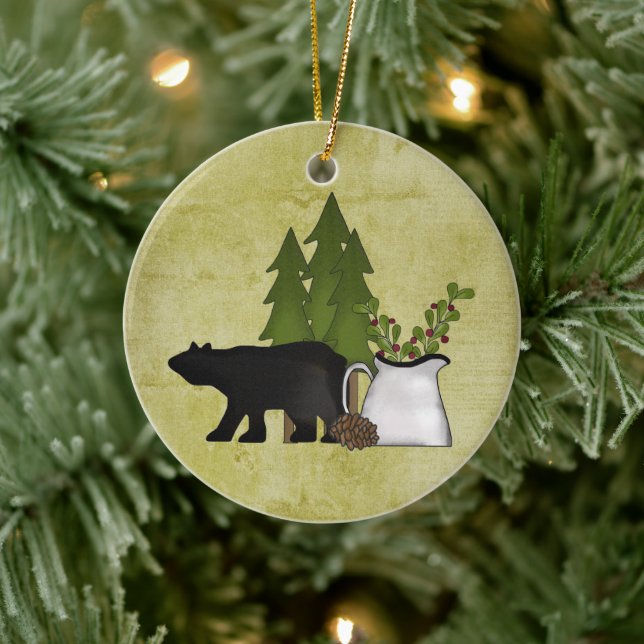 Personalised Rustic Country Bear Christmas Ceramic Tree Decoration (Tree)