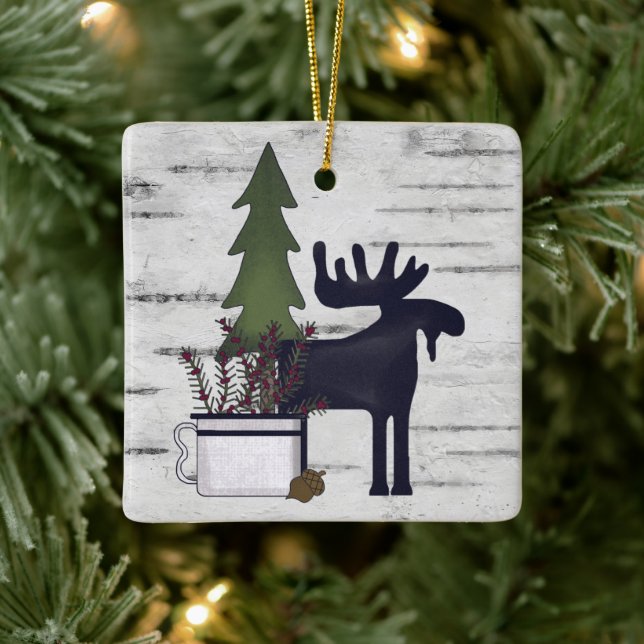 Personalised Rustic Country Moose Birch Christmas Ceramic Ornament (Tree)