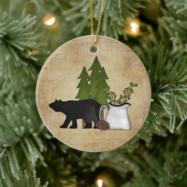 Personalised Rustic Country Mountain Bear Ceramic Tree Decoration (Tree)