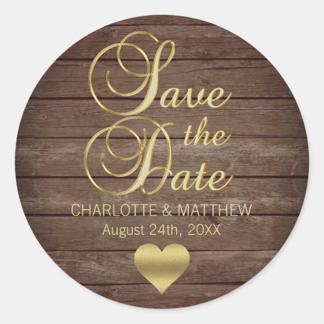 Personalised Rustic Country SAVE THE DATE Wedding Classic Round Sticker (Front)
