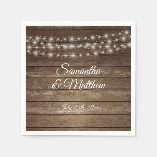 Personalised Rustic Country Wood Lights Wedding Napkin (Front)
