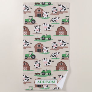 Personalised Rustic Cow Farm Tan and Green Beach Towel