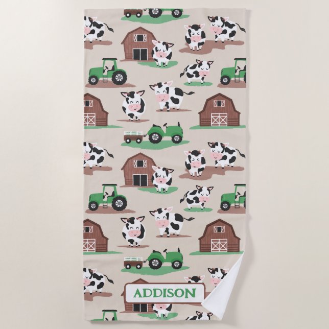 Personalised Rustic Cow Farm Tan and Green Beach Towel (Front)