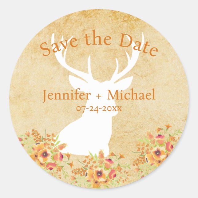 Personalised Rustic Deer Bouquet Save the Date Classic Round Sticker (Front)