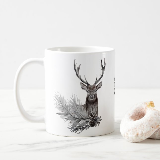 Personalised Rustic Deer Illustration Coffee Mug (With Donut)