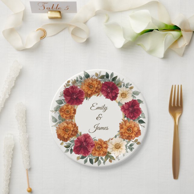 Personalised Rustic Fall Floral Wedding  Paper Plate (Wedding)