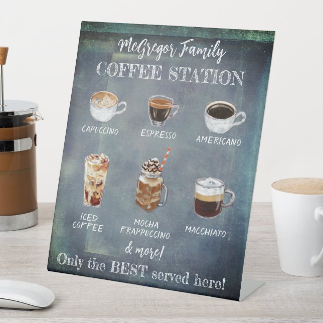 Personalised Rustic Family Coffee Station Pedestal Sign (In SItu)
