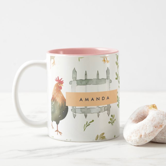 Personalised Rustic Farmhouse Chicken & Greenery  Two-Tone Coffee Mug (With Donut)
