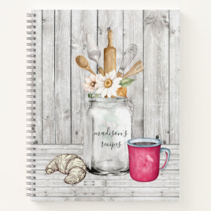 Personalised Rustic Floral Mason Jar Wood Recipe Notebook