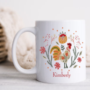 Personalised Rustic Folk Art Rooster Coffee Mug