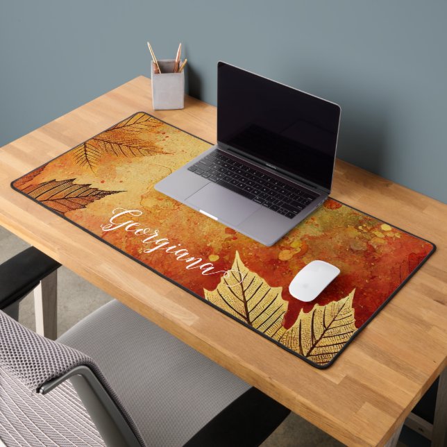 Personalised Rustic Golden Autumnal Distressed Ink Desk Mat (Office 2)