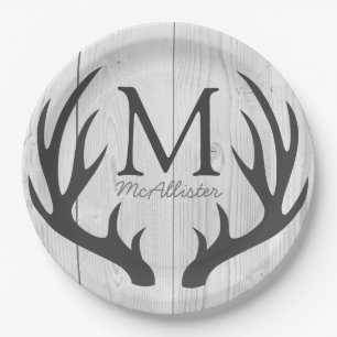 Personalised - Rustic Grey Deer Antlers White Wood Paper Plate