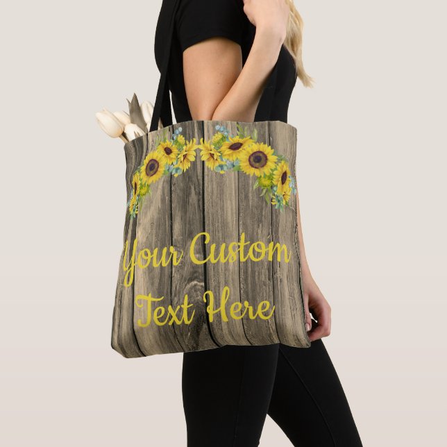 Personalised Rustic Grey Wood Sunflowers Text Here Tote Bag (Close Up)
