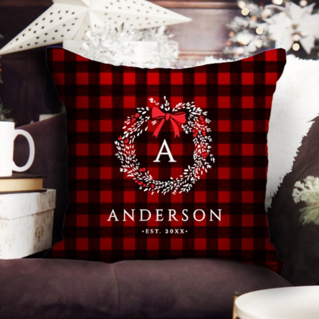 Personalised Rustic Holiday Wreath Buffalo Plaid Cushion (Creator Uploaded)